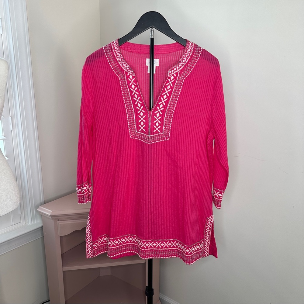 Sigrid Olsen Hot Pink Embroidered V-Neck Tunic